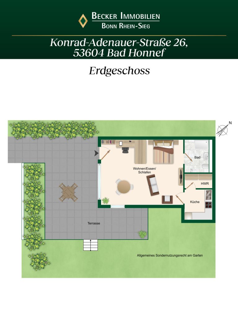 Immobilienangebot - Bad Honnef - Alle - Vollmöblierte, hochwertige Wohnung mit Terrasse und eigenem Gartenanteil in bester Lage von Rhöndorf