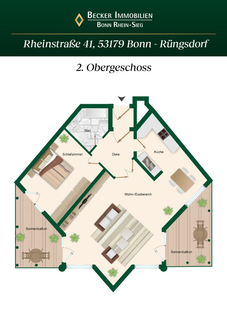 Immobilienangebot - Bonn / Rüngsdorf - Alle - Moderne 2-Zimmer Wohnung mit 2 Sonnenbalkonen & TG-Stellplatz in 1. Rheinlage von Bonn - Rüngsdorf