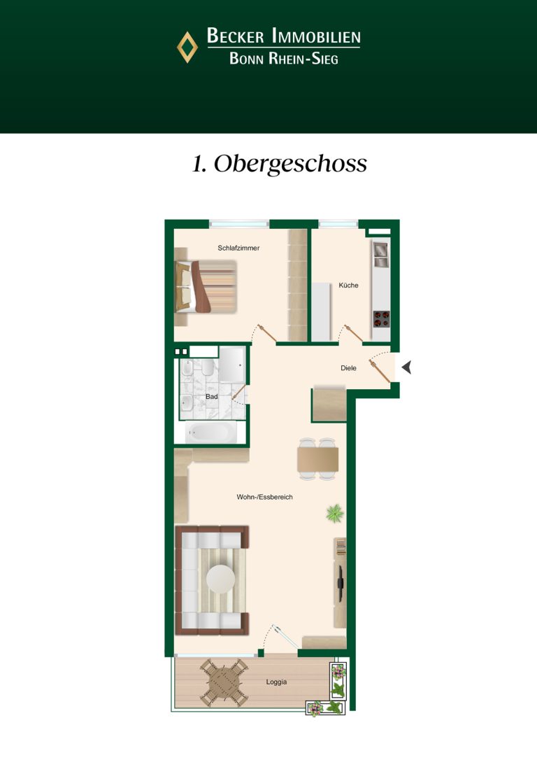 Immobilienangebot - Bonn / Oberkassel - Alle - Gepflegte 2-Zimmer-Wohnung mit Balkon und TG-Stellplatz in bevorzugter Lage von Bonn - Oberkassel