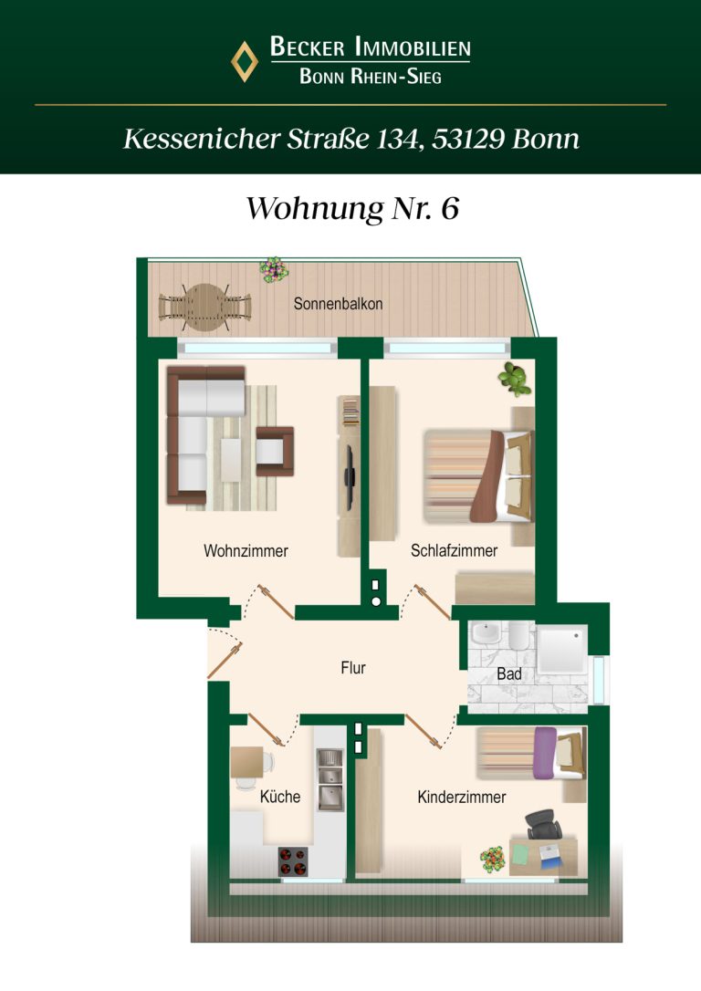 Immobilienangebot - Bonn - Alle - Gepflegte 3-Zimmer-DG-Wohnung mit Sonnenbalkon und PKW-Garage in beliebter Lage von Bonn - Kessenich