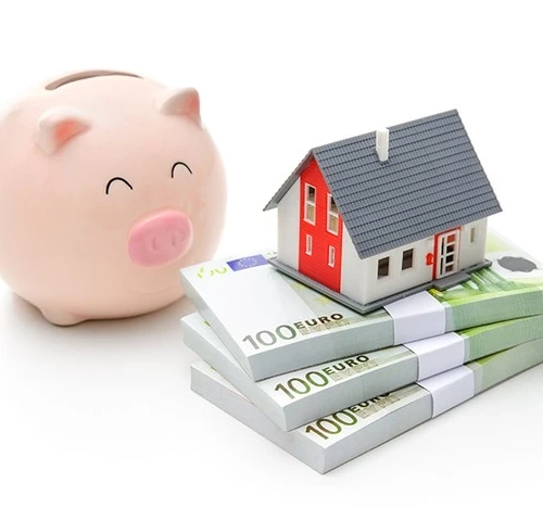 Sparschwein mit Geld und Haus