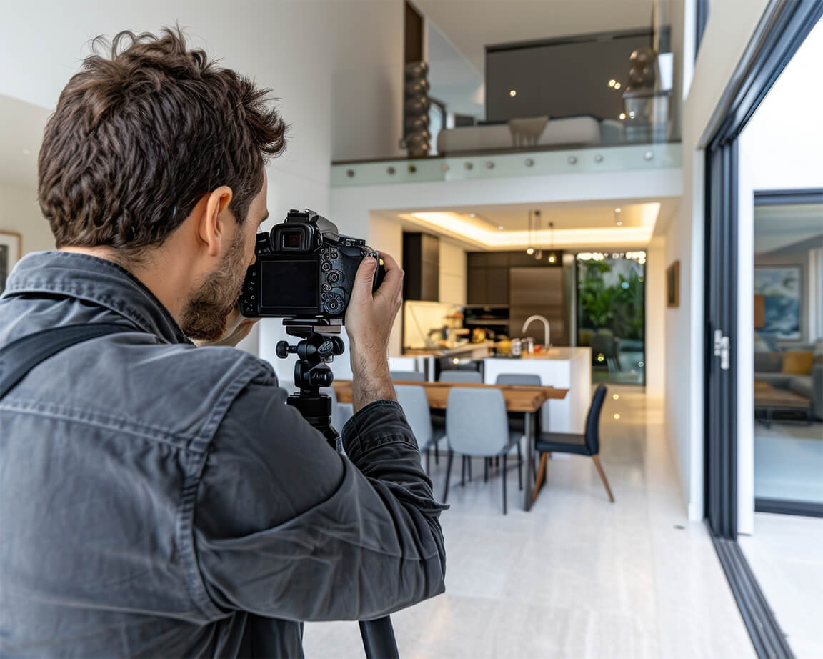 Professionelle Immobilienfotografie. Fotograf macht Aufnahmen von Wohnräumen Professionelle Immobilienfotografie. Fotograf macht Aufnahmen von Wohnräumen