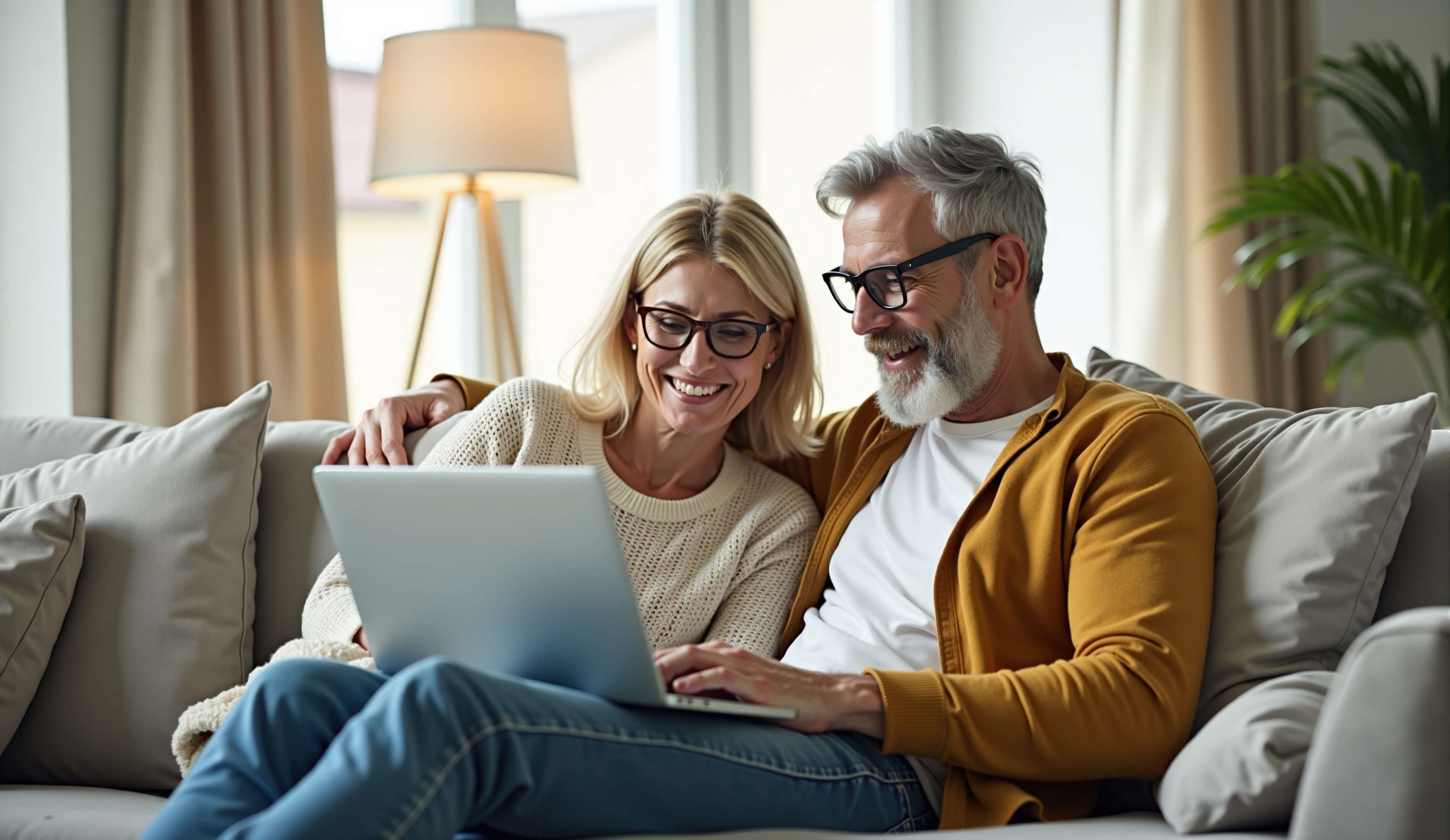 Pärchen sitzt auf der Couch und führt am Laptop eine Immobilienbewertung online durch