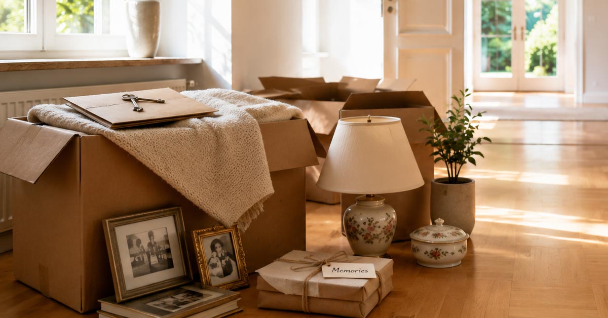 Umzugskartons mit Erinnerungsstücken in einem Haus nach einer Erbschaft – Haushaltsauflösung vorbereiten.