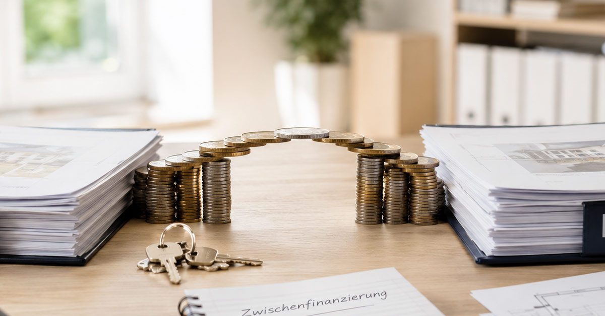 Eine Brücke aus aufgestapelten Euro-Münzen verbindet zwei Aktenordner mit Immobilien-Unterlagen auf einem Schreibtisch. Eine solide Zwischenfinanzierung schlägt die finanzielle Brücke beim Immobilienwechsel.