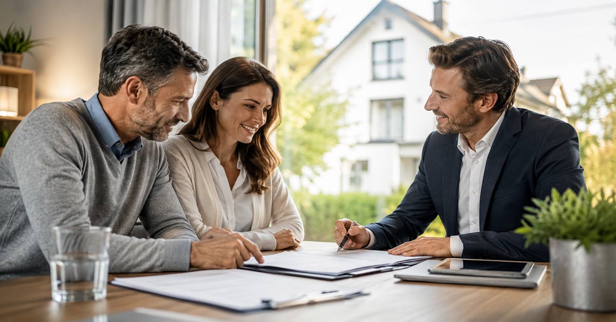 Ehepaar unterschreibt mit Immobilienberater den Vertrag z. B. für ein Hausverkauf in Aachen