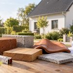Eine Nahaufnahme verschiedener Baumaterialien wie Ziegel, Beton, Holz, im Hintergrund ein modernes Einfamilienhaus. Das Bild symbolisiert die physische Bausubstanz einer Immobilie für das Sachwertverfahren.