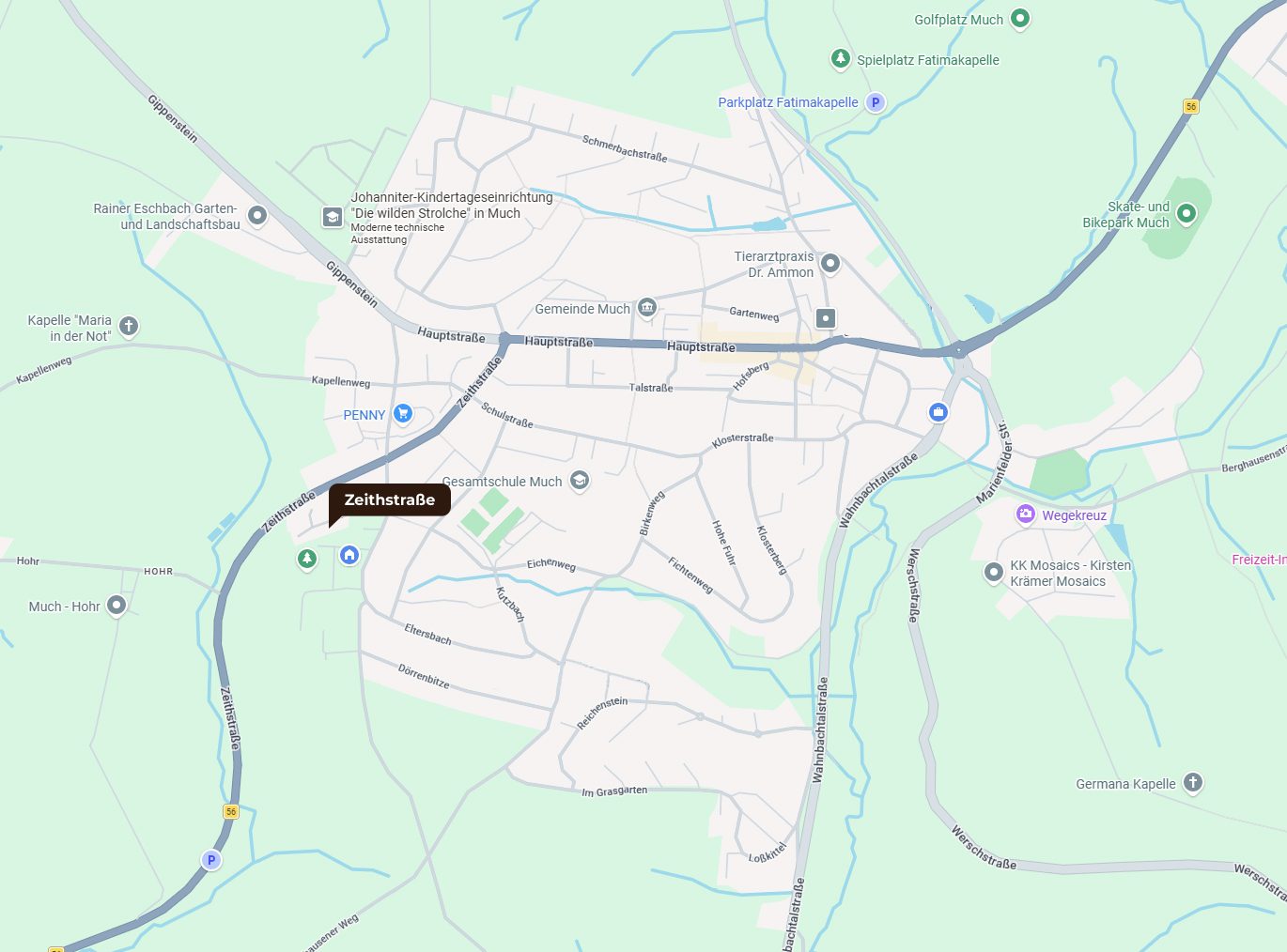 Kartenausschnitt_Much Google Maps Kartenausschnitt von Much mit Markierung der Zeithstraße