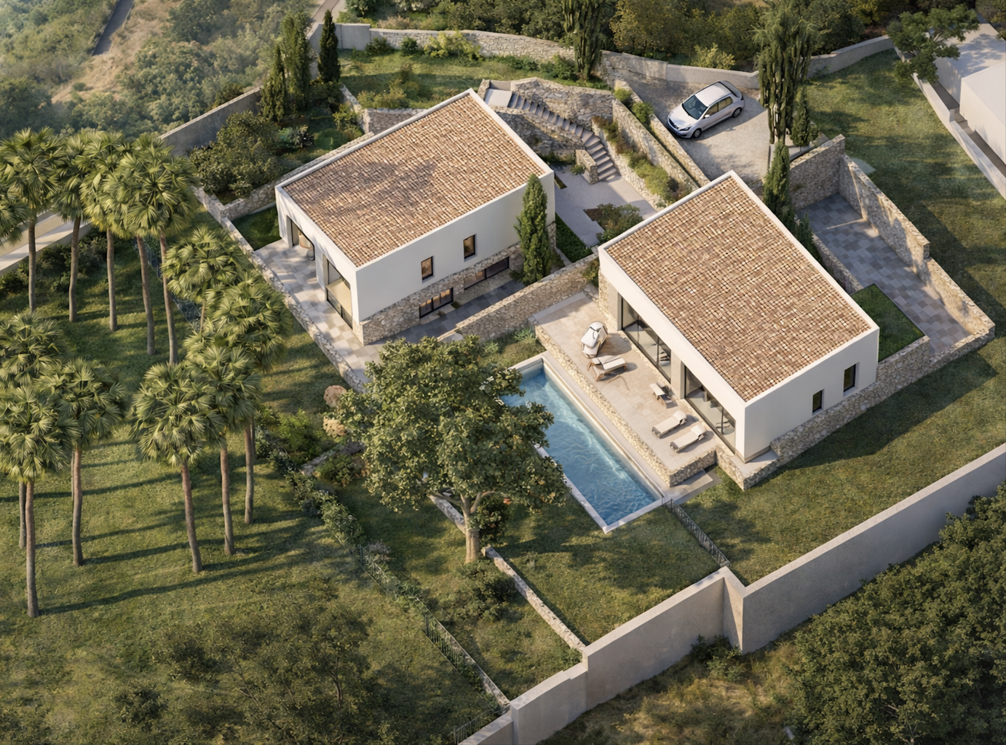 Immobilienangebot - Mallorca (Es Capdella) - Grundstücke - Genehmigtes Bauprojekt für zwei Design-Villen mit Meerblick in exklusiver Lage nahe Calvià