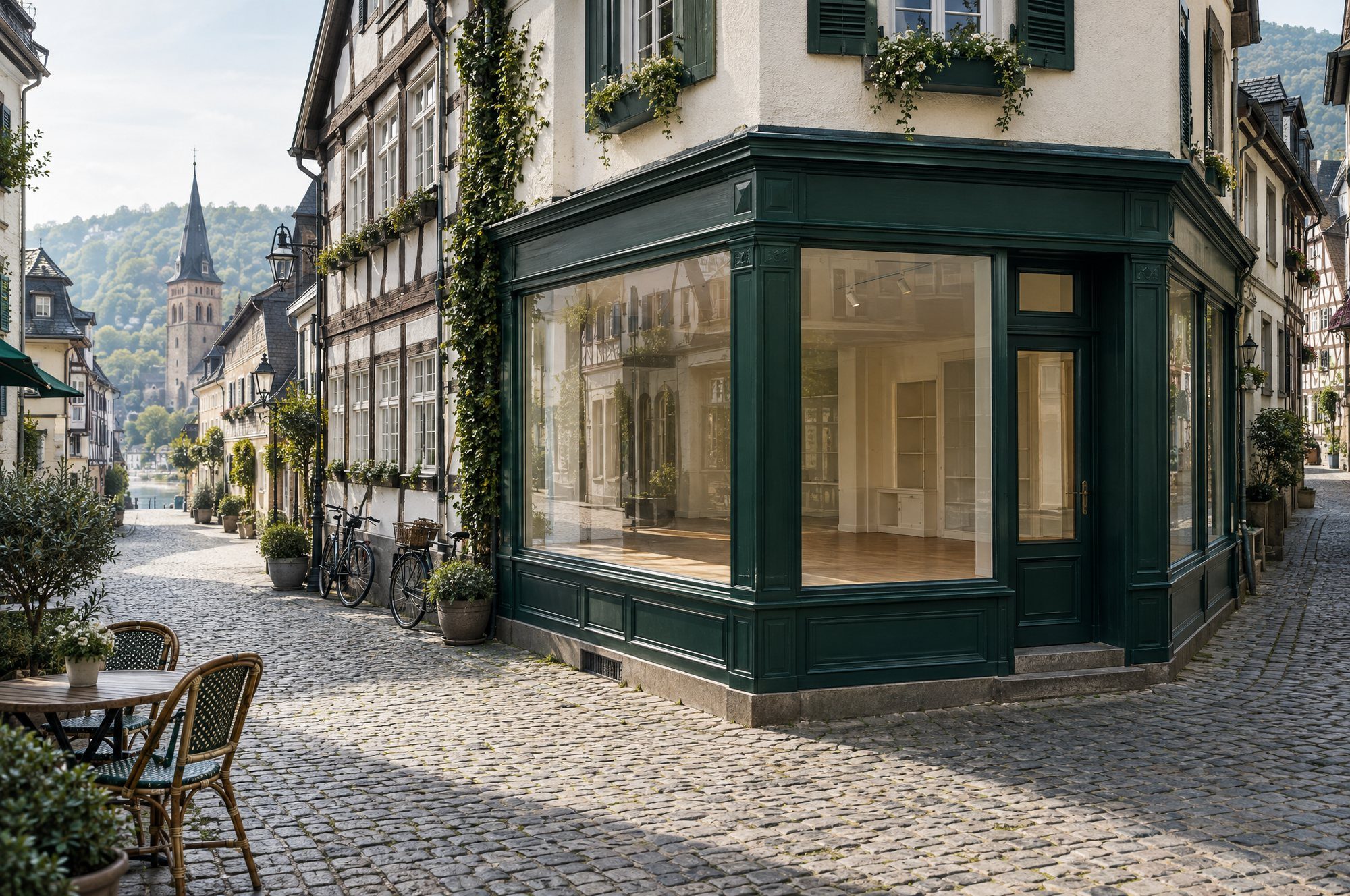 Leeres Ladenlokal mit grünem Schaufenster in einer Altstadt im Rheinland