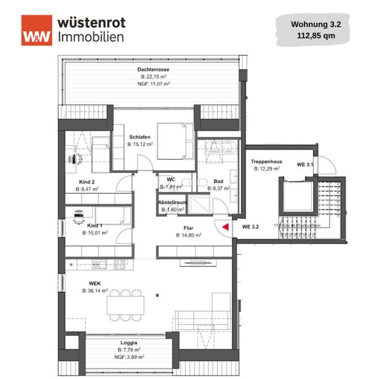 Immobilienangebot - Rüsselsheim / Bauschheim - Alle - Neubauprojekt Rü-Bauschheim: 113 m² DG-Wohnung mit Loggia & Dachterrasse...