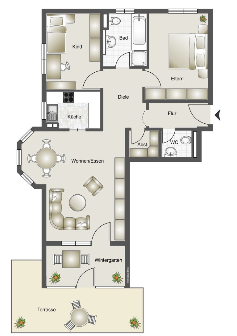 Immobilienangebot - Neuenstadt am Kocher - Alle - Helle 3,5-Zimmer-EG-Wohnung mit Wintergarten / Terrasse / TG- und Außenstellplatz - sofort frei !