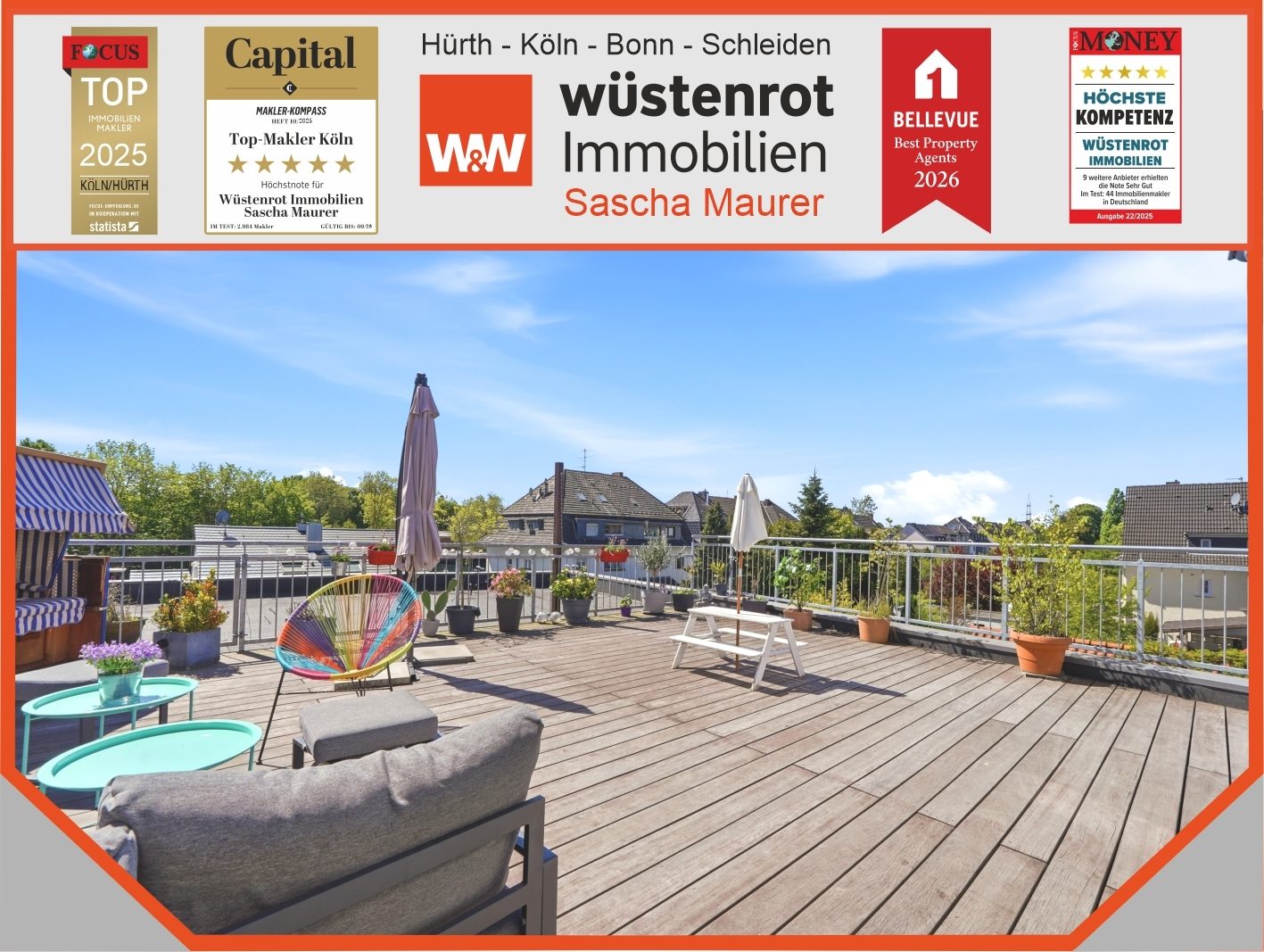Immobilienangebot - Köln - Alle - Reserviert: Mit 3D und ROOMTOUR: Moderne Maisonettewohnung mit großer Dachterrasse – für den Landeanflug Ihrer Freunde