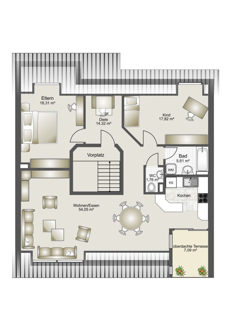 Immobilienangebot - Heilbronn / Horkheim - Alle - Attraktive 3,5-Zimmer-Dachgeschosswohnung mit großzügigem Grundriss und Dachterrasse