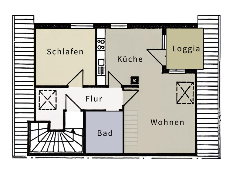 Immobilienangebot - Dormagen - Alle - Charmante 2-Zimmer-Dachgeschosswohnung mit Loggia und ausgebautem Spitzboden in ruhiger Lage