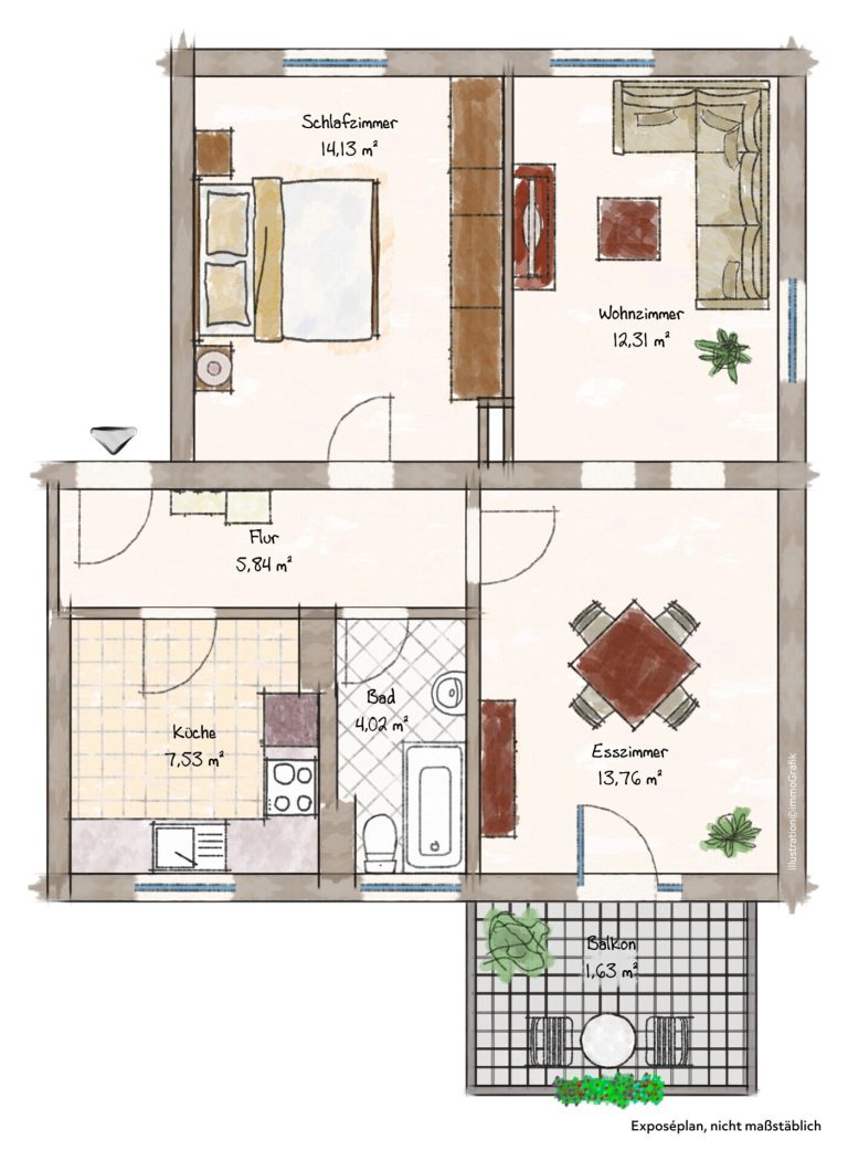 Immobilienangebot - Rottweil - Alle - Allein oder zu zweit ankommen im Hochparterre. 3 Zimmer, ca. 59 m². 
Mit Balkon. Küche vorhanden.
