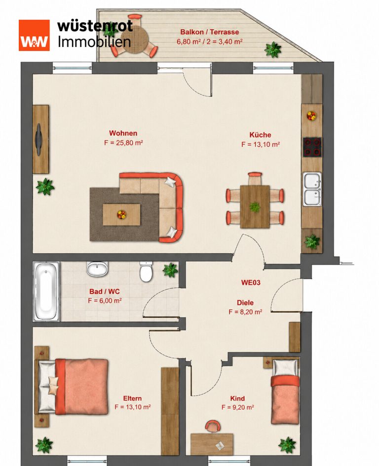 Immobilienangebot - Offenbach - Alle - Großzügige 3-Zimmer-Erdgeschosswohnung mit Balkon und Gartennutzung im KfW-70-Haus