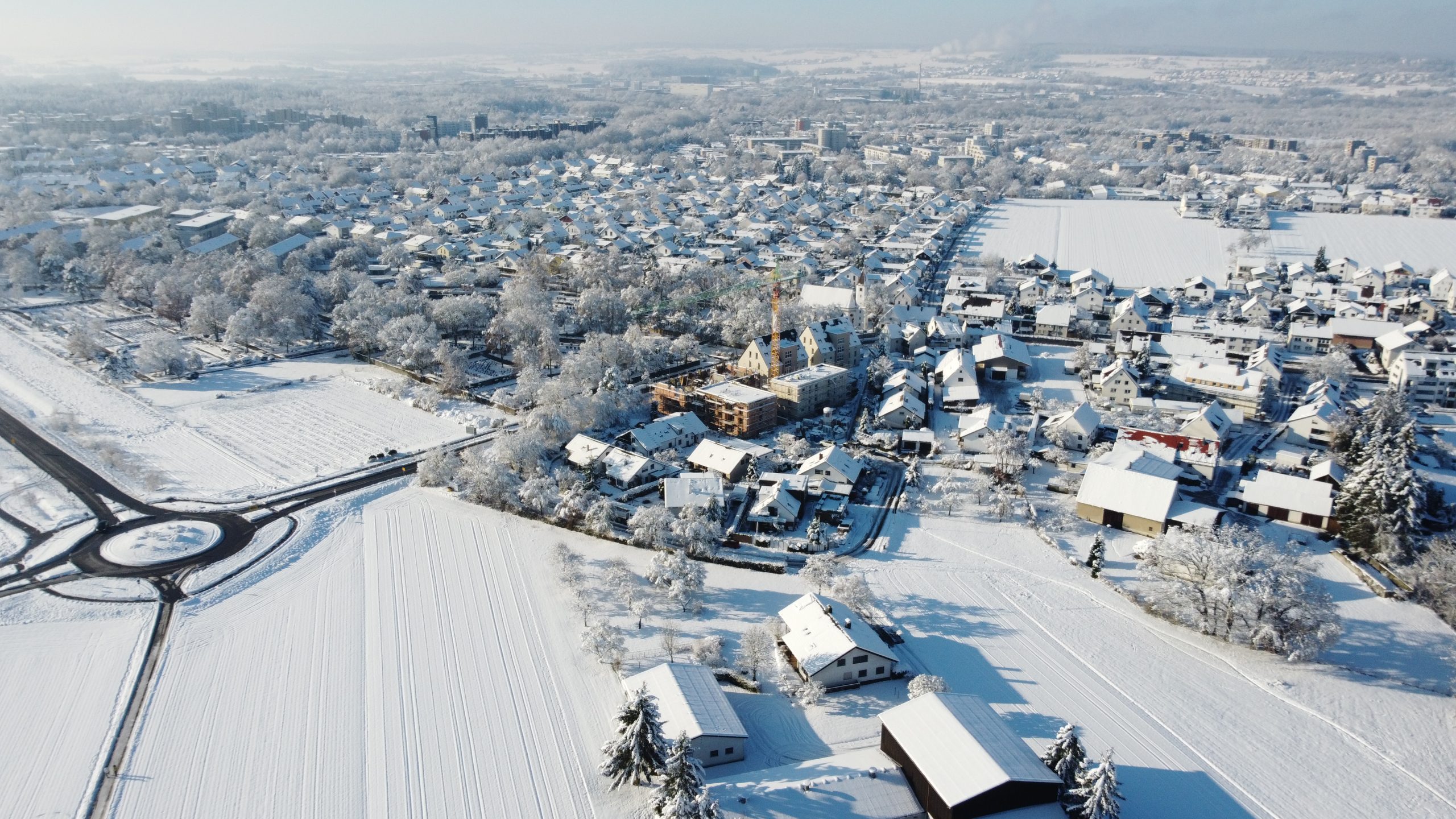 Luftansicht auf das Neubauprojekt Alte Schreinerei im Winter