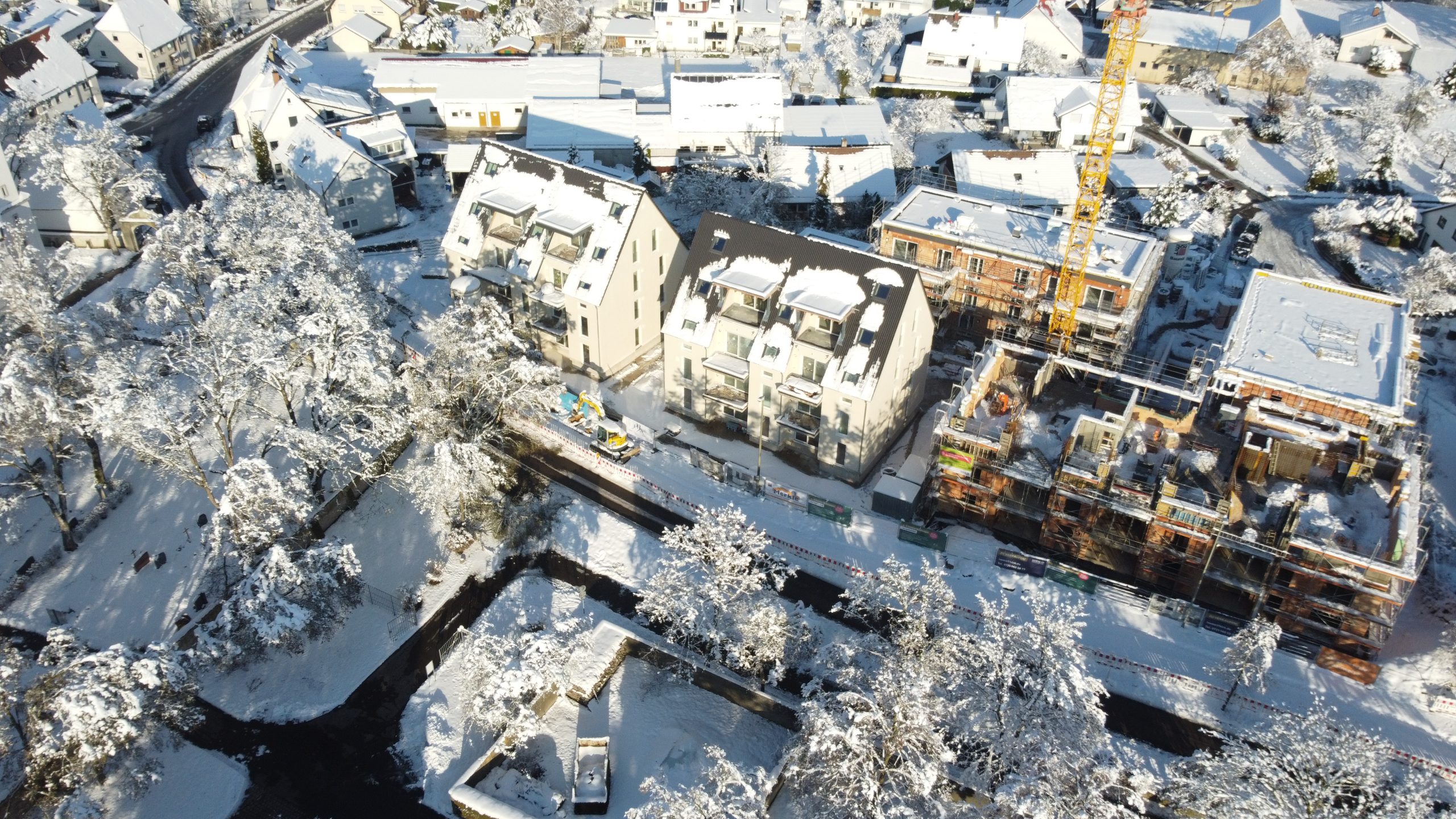 Luftansicht auf das Neubauprojekt Alte Schreinerei im Winter