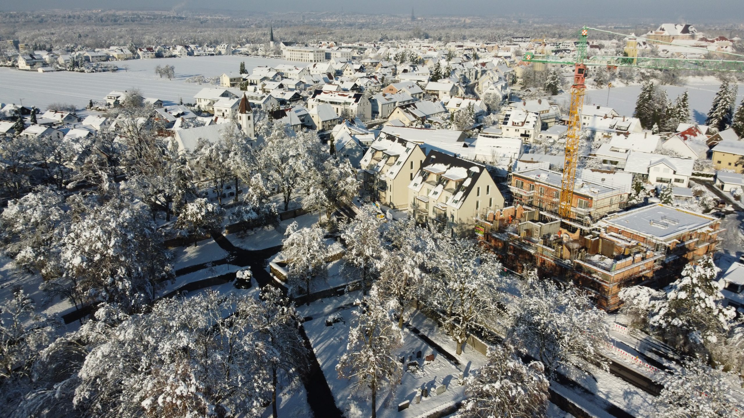 Luftansicht auf das Neubauprojekt Alte Schreinerei im Winter