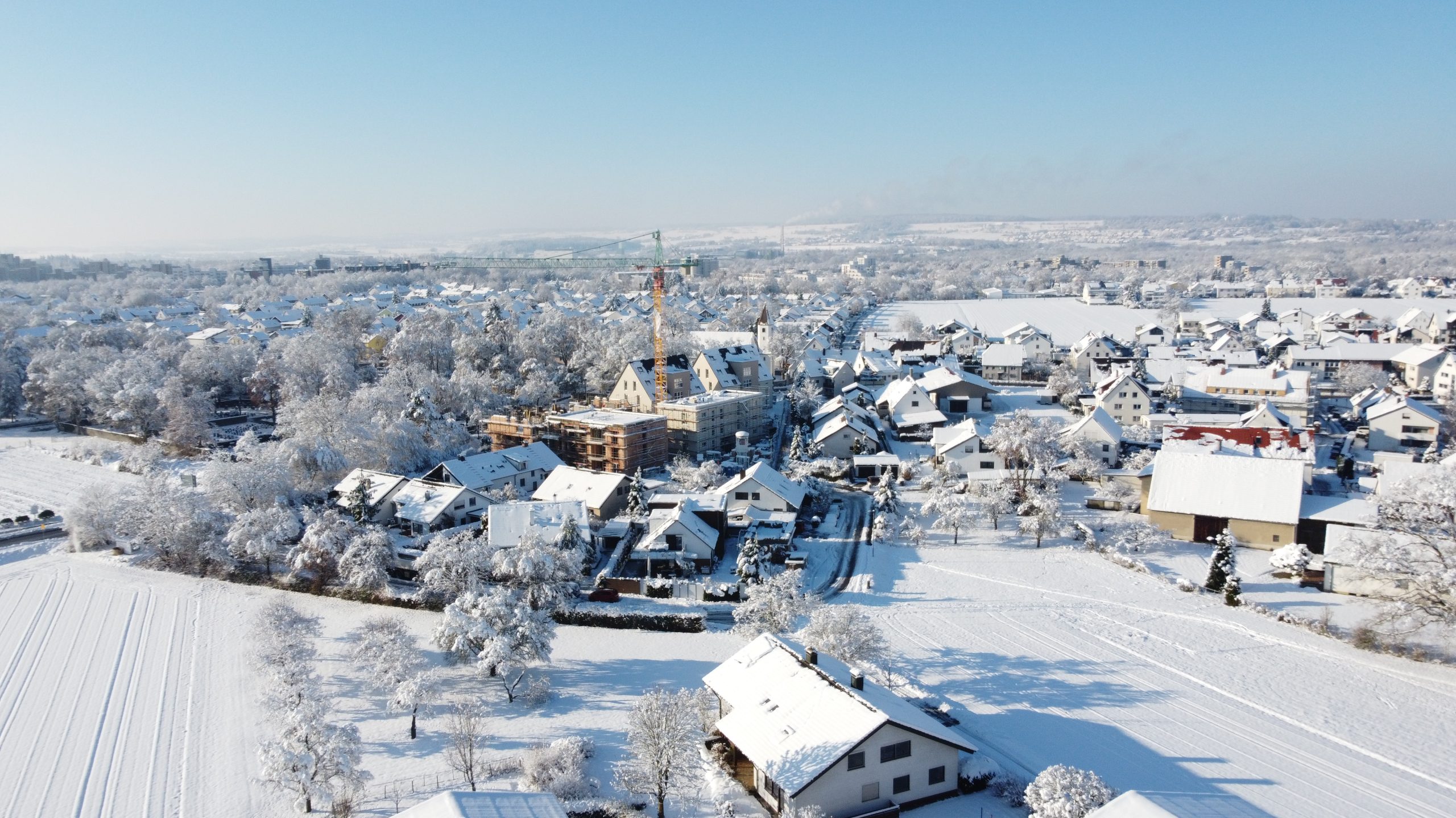 Luftansicht auf das Neubauprojekt Alte Schreinerei im Winter