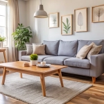 Modern möbliertes Wohnzimmer mit stilvoller Einrichtung und natürlicher Beleuchtung