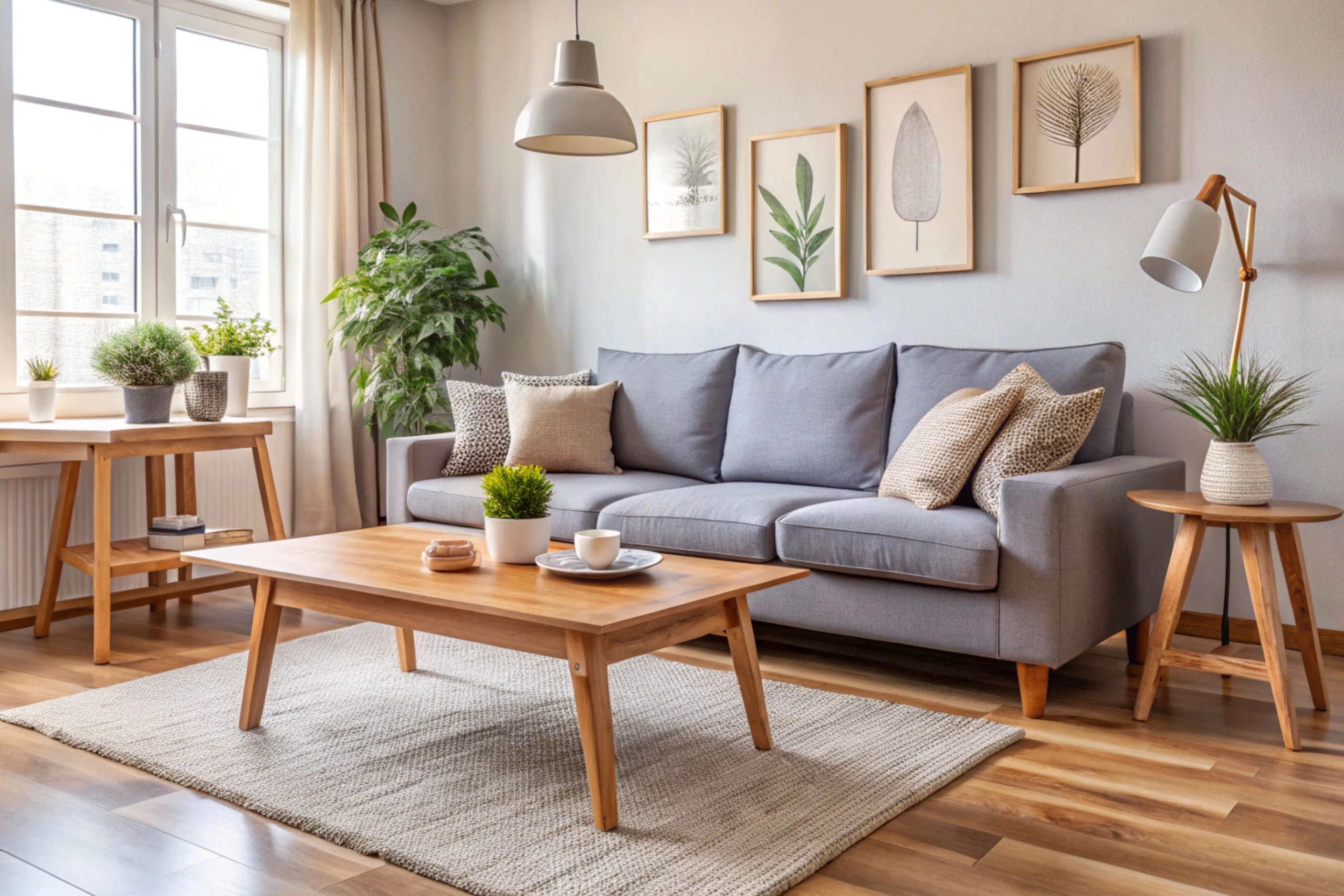 Modern möbliertes Wohnzimmer mit stilvoller Einrichtung und natürlicher Beleuchtung