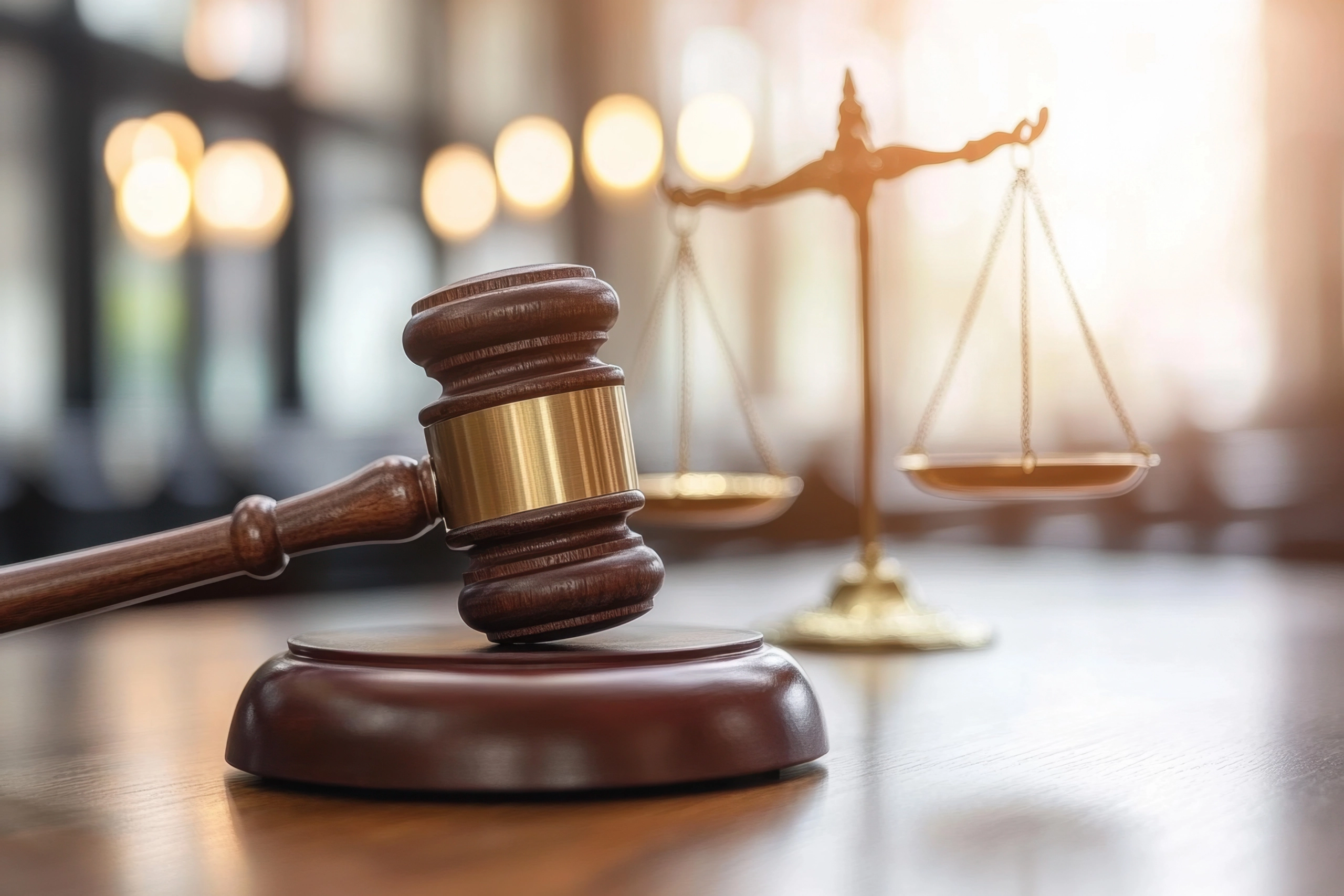 Notwegerecht Gerichtsurteil mit Richterhammer und Waage der Gerechtigkeit
