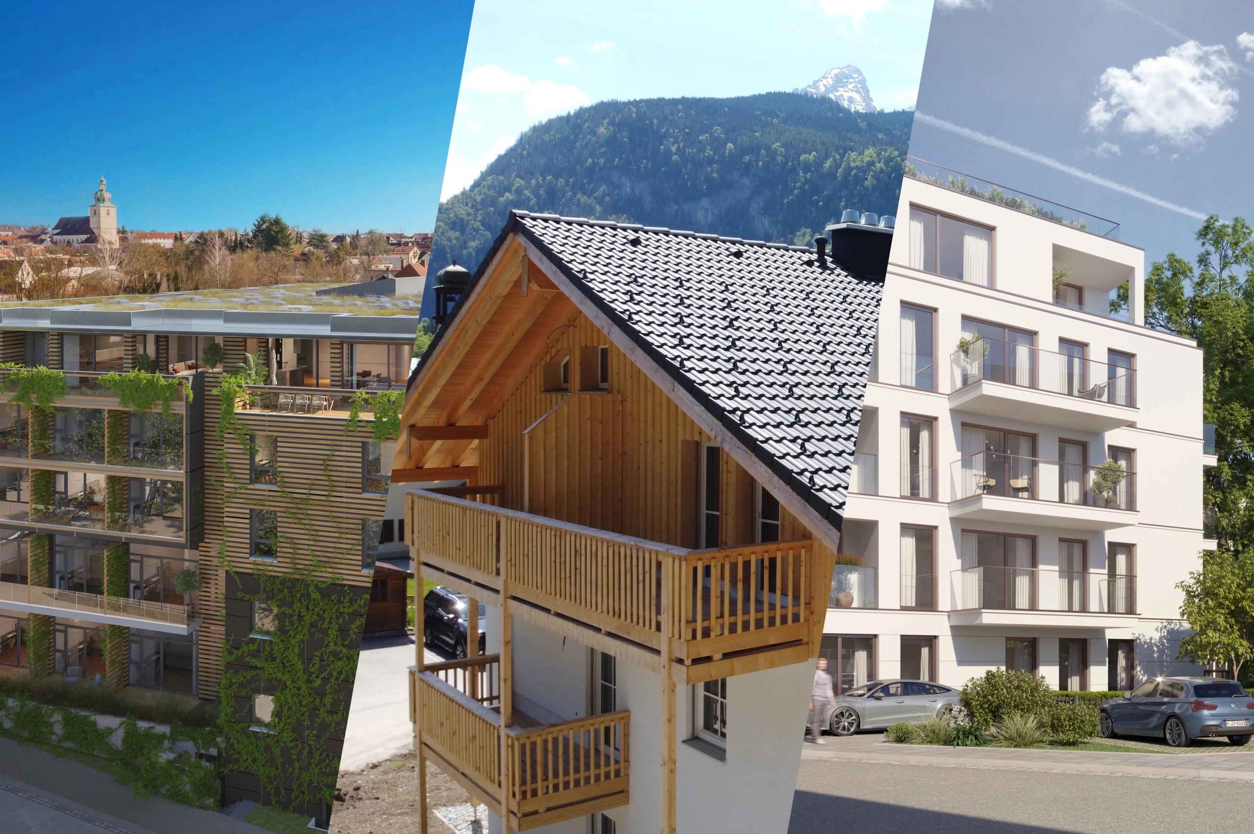 Collage aktueller Immobilienprojekte 2025 der ORANGE Immobilienagentur: moderne Stadtwohnungen, nachhaltiger Neubau mit Begrünung sowie ein Haus in alpiner Holzbauweise. Ideal für Käufer auf der Suche nach Vielfalt, Qualität und nachhaltiger Finanzierung.