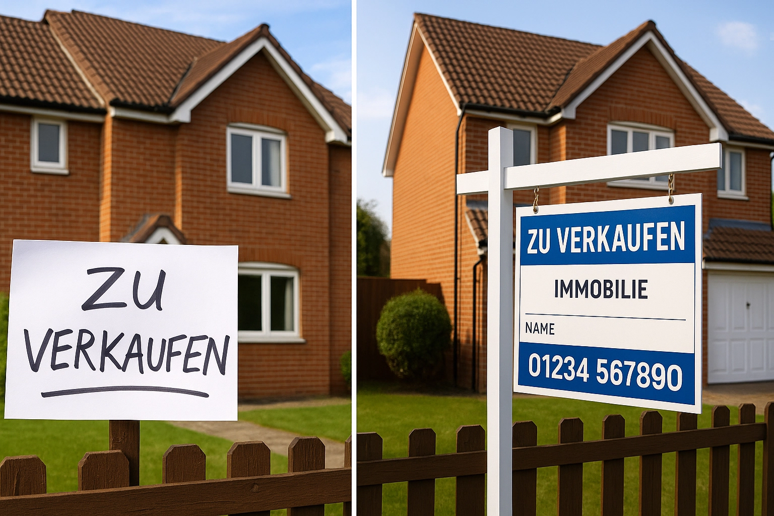 Immobilienkauf Makler oder privat - Zwei Immobilienverkaufs-Schilder – Maklerverkauf vs. Privatverkauf als visuelle Gegenüberstellung