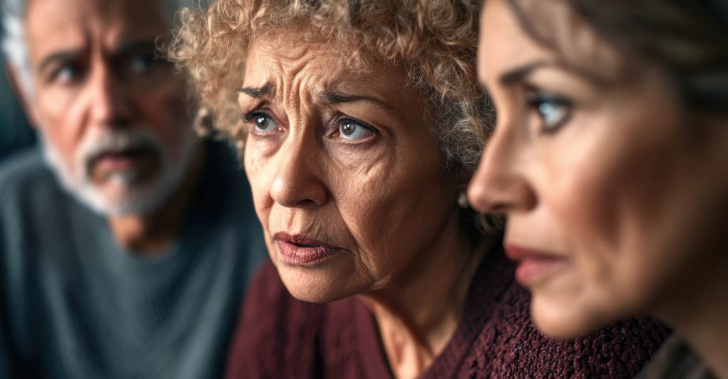 Drei Personen, zwei Frauen und ein Mann, diskutieren gemeinsam über den Verkauf einer geerbten Immobilie – symbolische Darstellung einer Erbengemeinschaft.