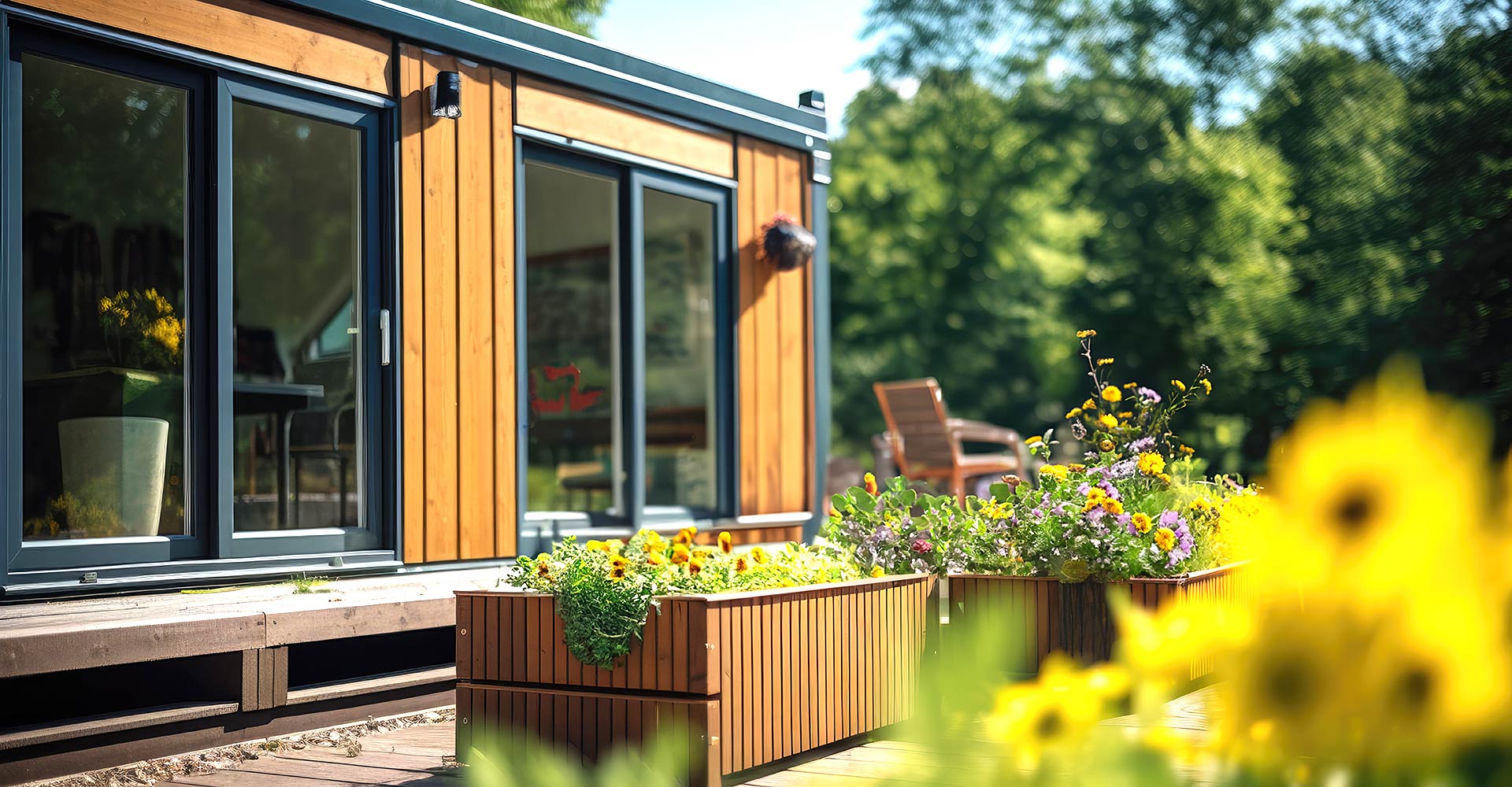 Gemütliche Terrasse eines Tiny Houses in Gelsenkirchen an der Marina Graf-Bismarck